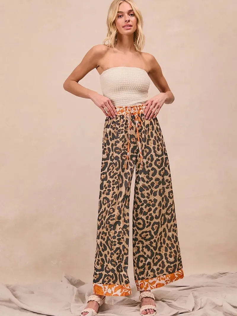 BiBi Wild Ember Leopard Print Contrast Banded Wide Leg Pants-Women's Pants-Shop Z & Joxa