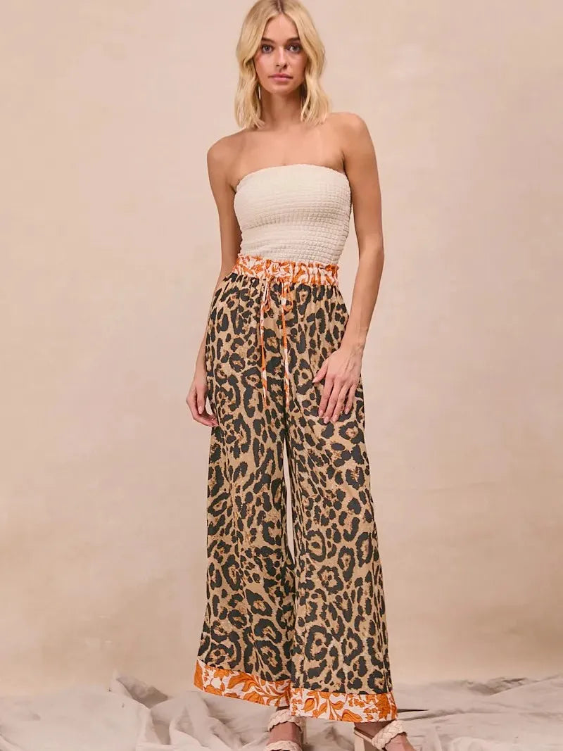 BiBi Wild Ember Leopard Print Contrast Banded Wide Leg Pants-Women's Pants-Shop Z & Joxa