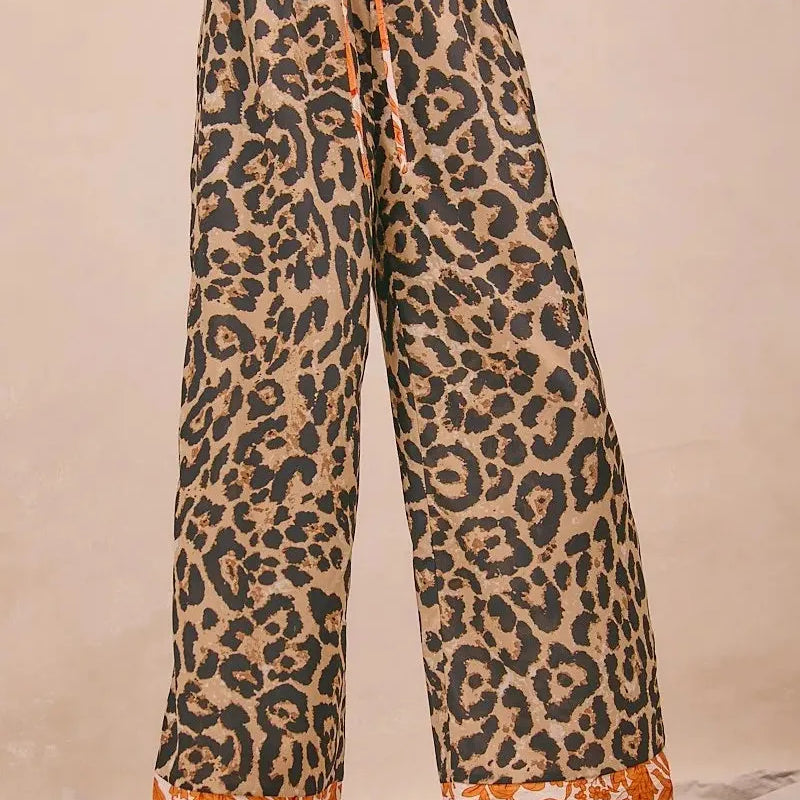 BiBi Wild Ember Leopard Print Contrast Banded Wide Leg Pants-Women's Pants-Shop Z & Joxa