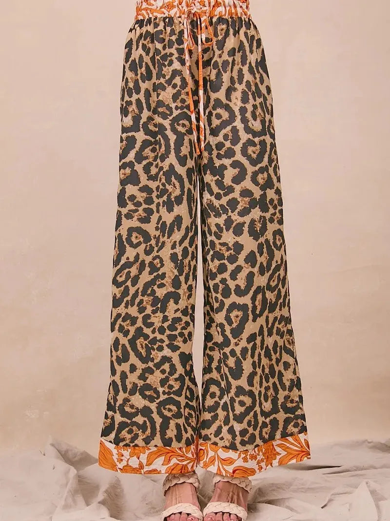 BiBi Wild Ember Leopard Print Contrast Banded Wide Leg Pants-Women's Pants-Shop Z & Joxa