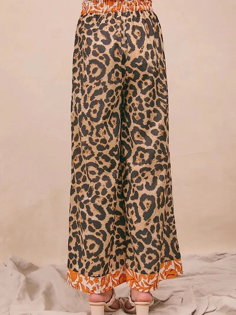 BiBi Wild Ember Leopard Print Contrast Banded Wide Leg Pants-Women's Pants-Shop Z & Joxa