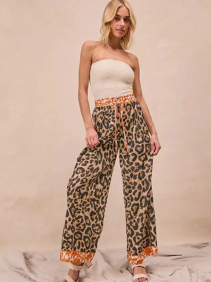 BiBi Wild Ember Leopard Print Contrast Banded Wide Leg Pants-Women's Pants-Shop Z & Joxa