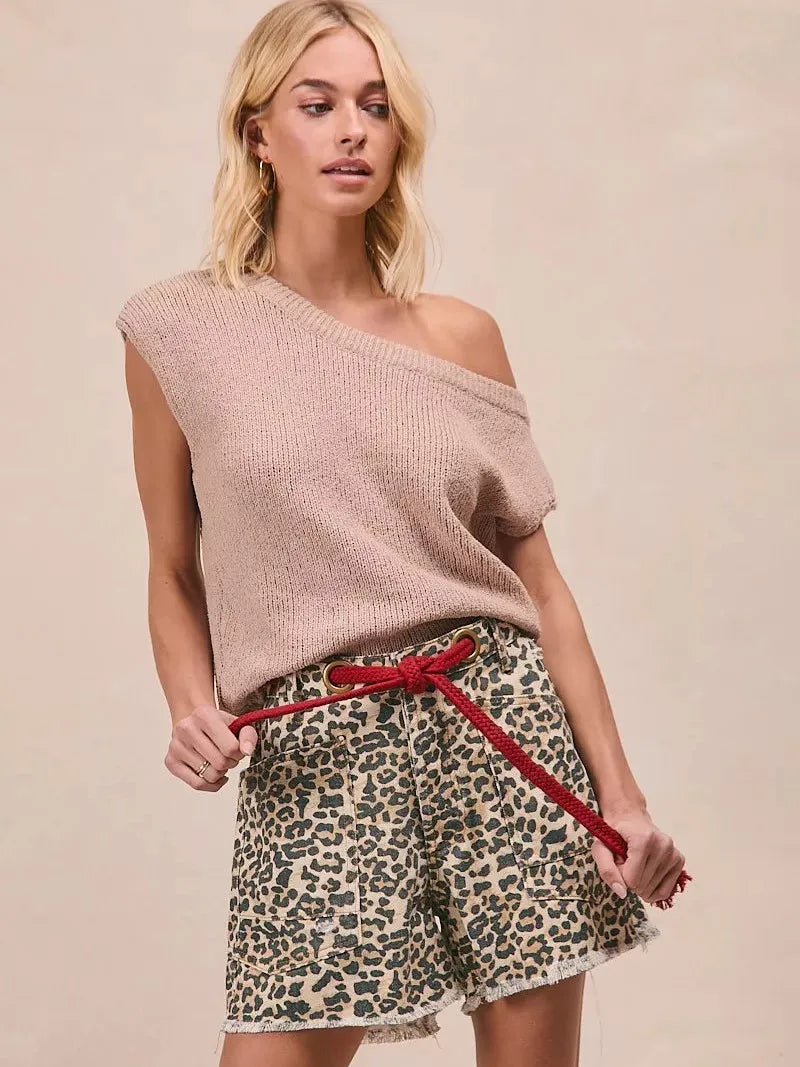 BiBi Wild Side Braided Waist Belt Leopard Print Shorts-Women's Shorts-Shop Z & Joxa