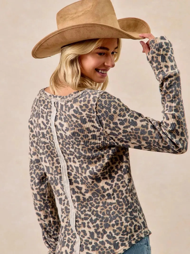 BiBi Wild Whisper Waffle Leopard Long Sleeve Thermal Shirt-Women's Shirts & Tops-Shop Z & Joxa