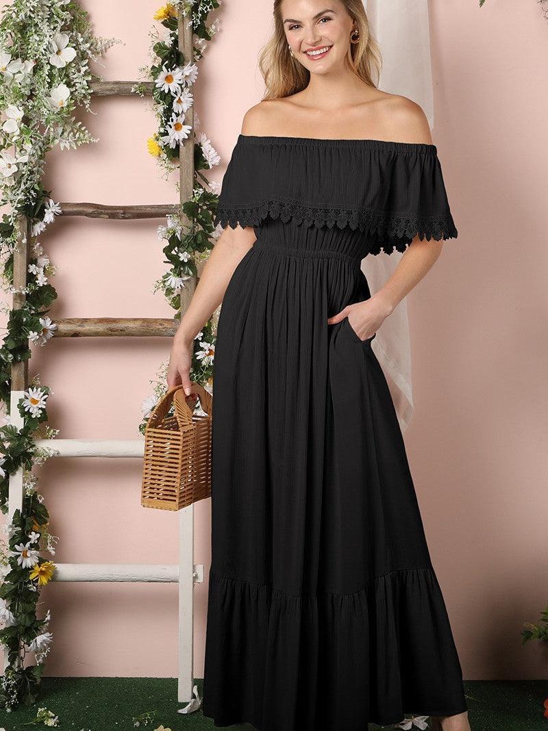 Black Beauty Off the Shoulder Maxi Sun Dress-Women's Dresses-Shop Z & Joxa