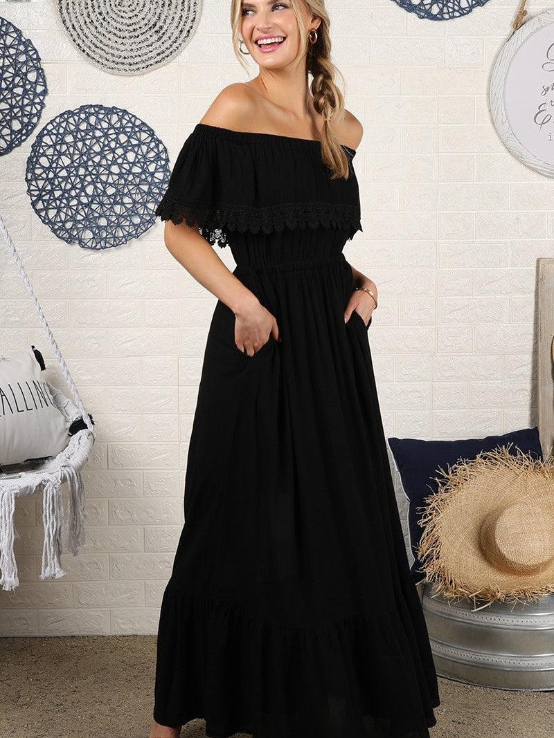 Black Beauty Off the Shoulder Maxi Sun Dress-Women's Dresses-Shop Z & Joxa
