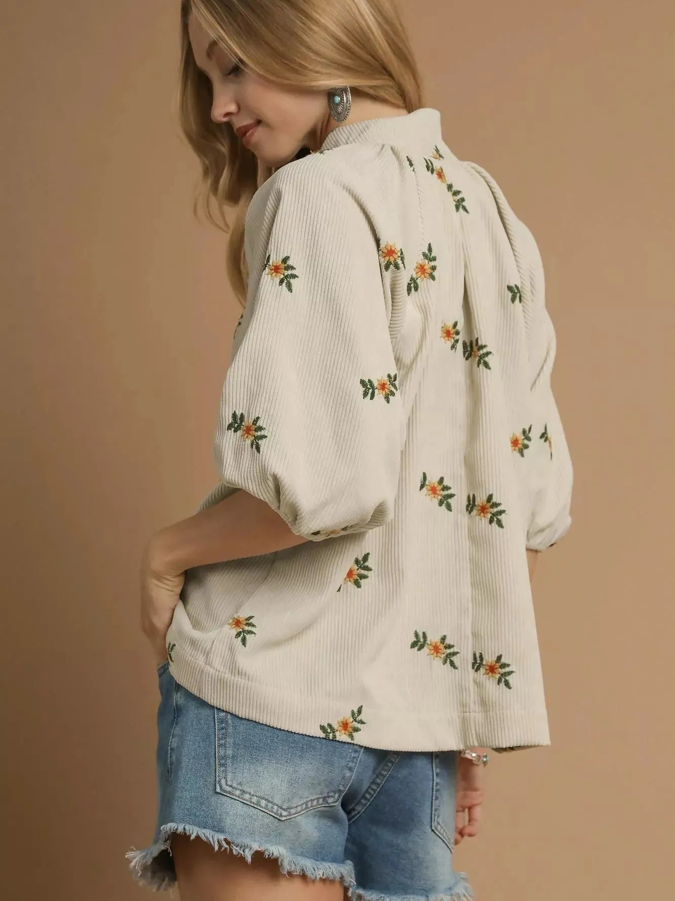 Bloom & Puff Cream Corduroy Blouse by Umgee-Women's Shirts & Tops-Shop Z & Joxa