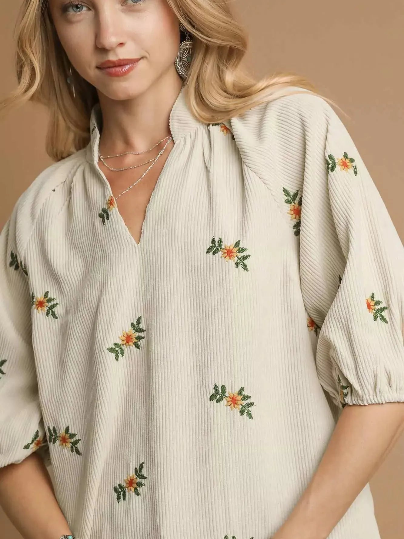 Bloom & Puff Cream Corduroy Blouse by Umgee-Women's Shirts & Tops-Shop Z & Joxa