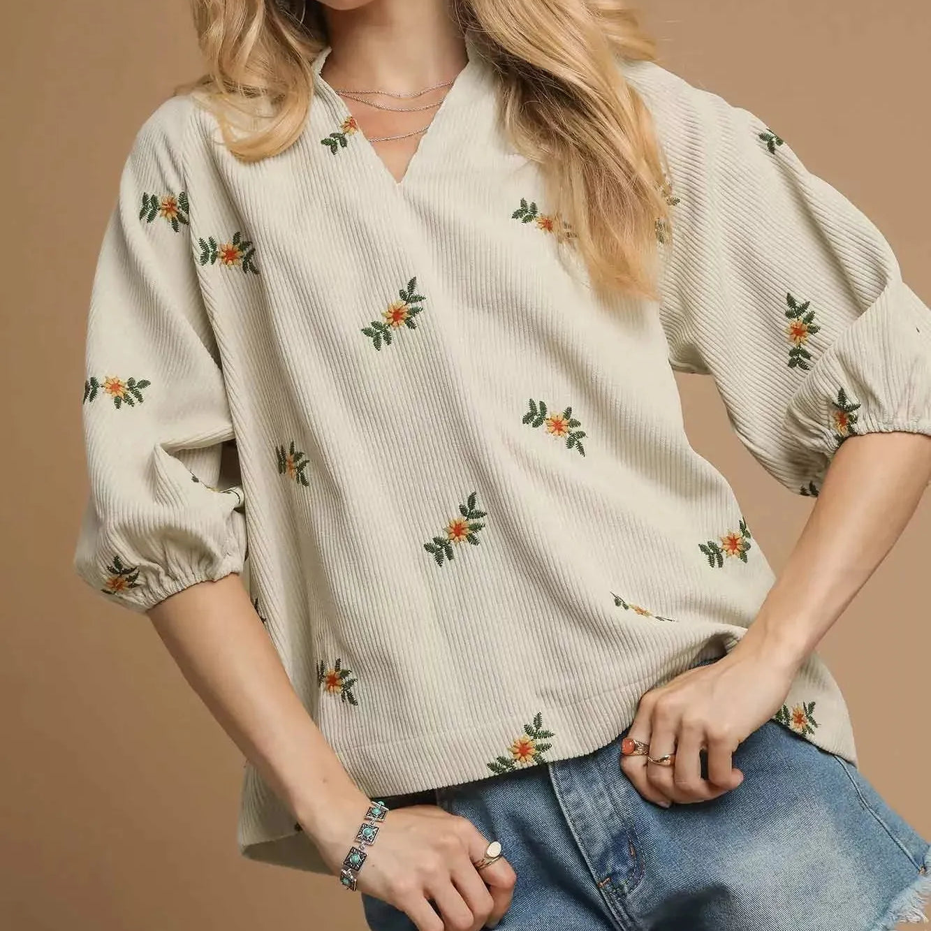 Bloom & Puff Cream Corduroy Blouse by Umgee-Women's Shirts & Tops-Shop Z & Joxa