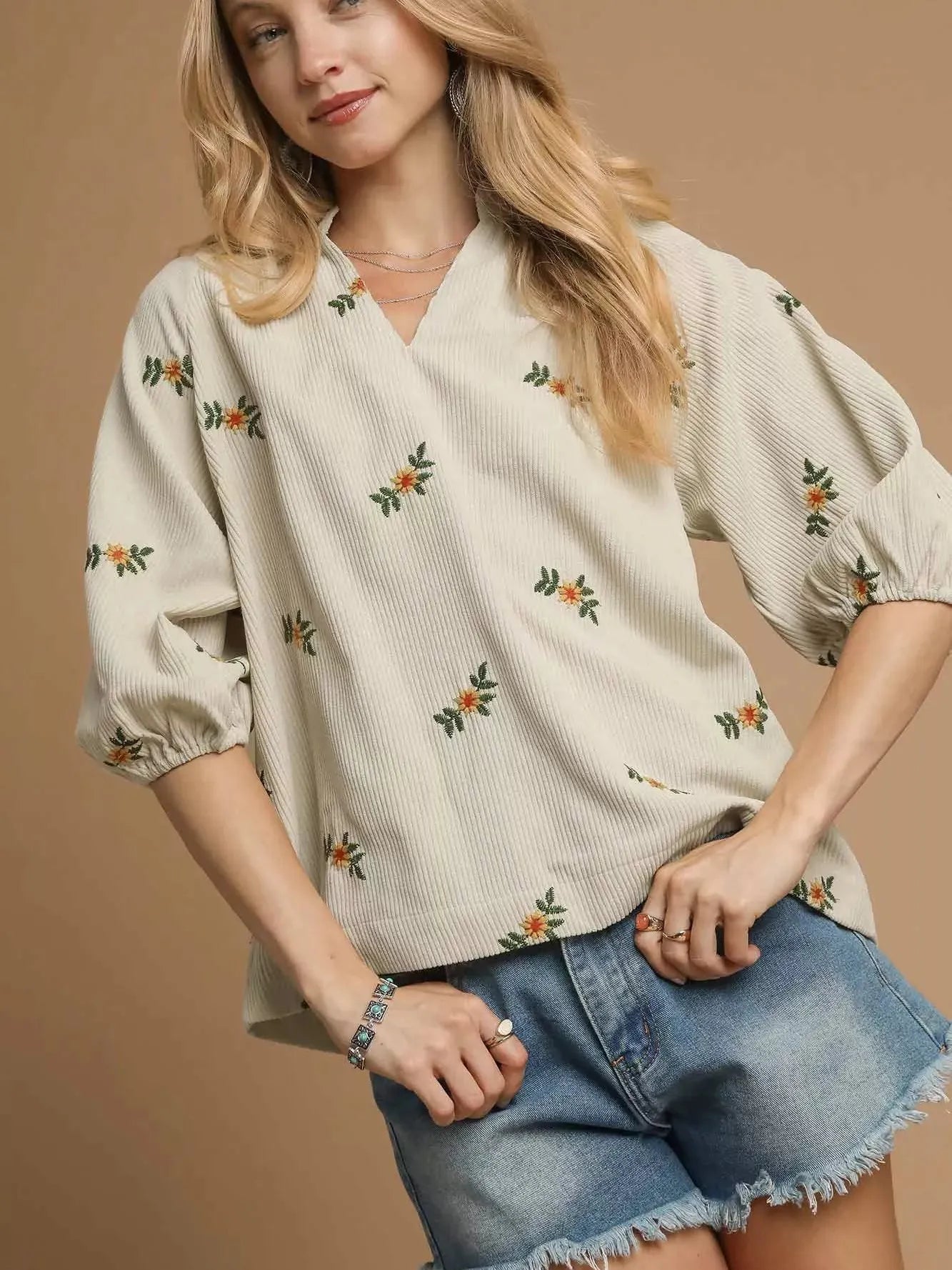 Bloom & Puff Cream Corduroy Blouse by Umgee-Women's Shirts & Tops-Shop Z & Joxa