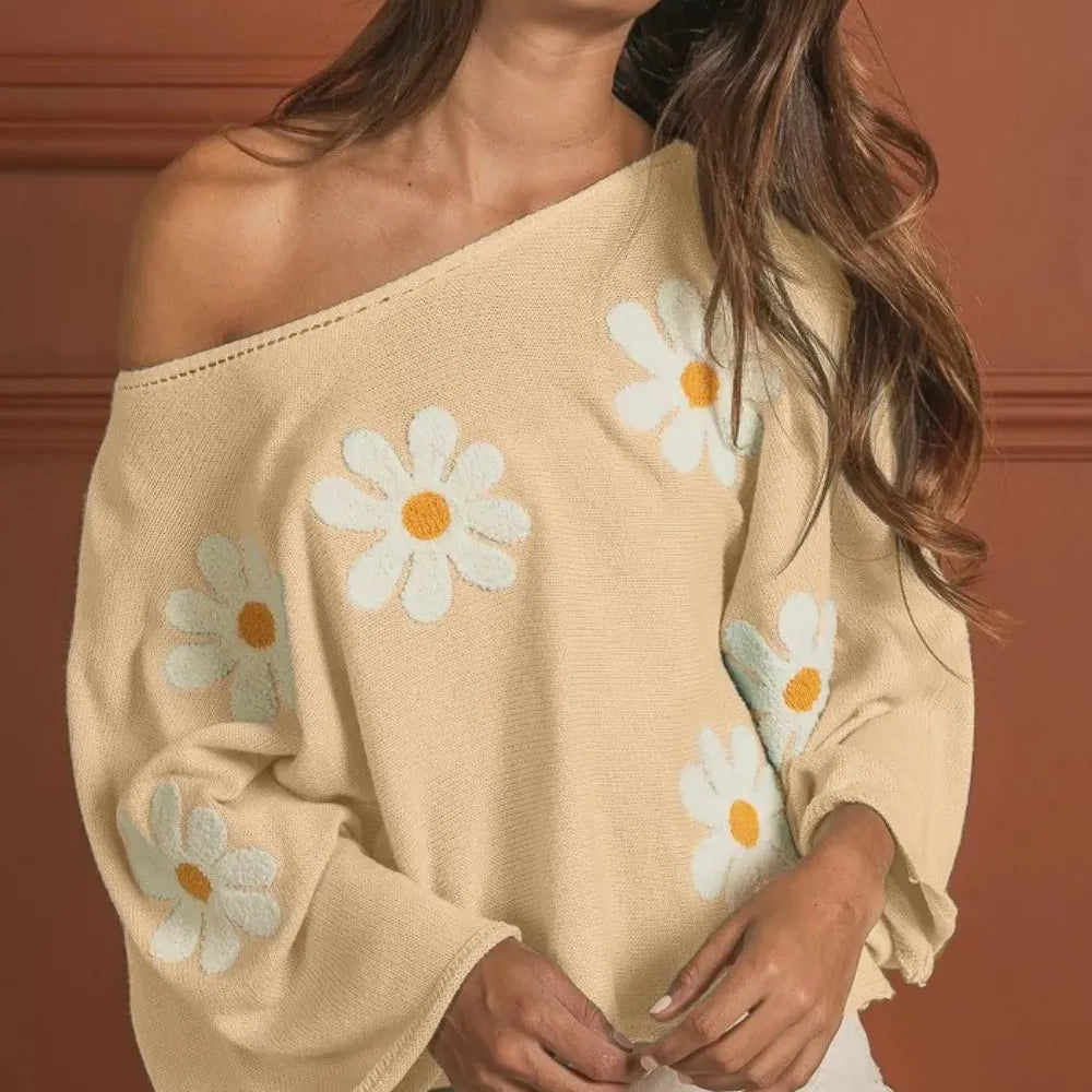 Bloom and Cozy Daisy Embroidered Oversized Knit Top-Women's Shirts & Tops-Shop Z & Joxa
