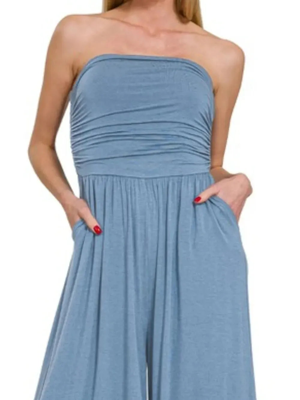 Blue Diamond Elegance Strapless Palazzo Pocket Jumpsuit by Zenana-Women's Jumpsuits-Shop Z & Joxa