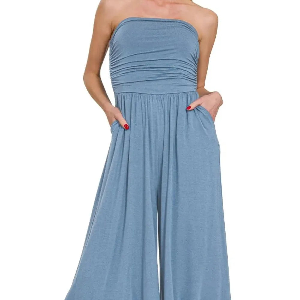 Blue Diamond Elegance Strapless Palazzo Pocket Jumpsuit by Zenana-Women's Jumpsuits-Shop Z & Joxa