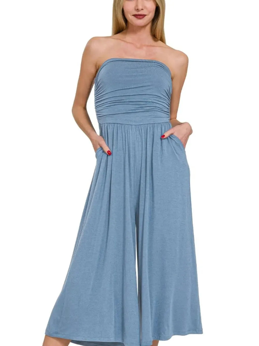 Blue Diamond Elegance Strapless Palazzo Pocket Jumpsuit by Zenana-Women's Jumpsuits-Shop Z & Joxa