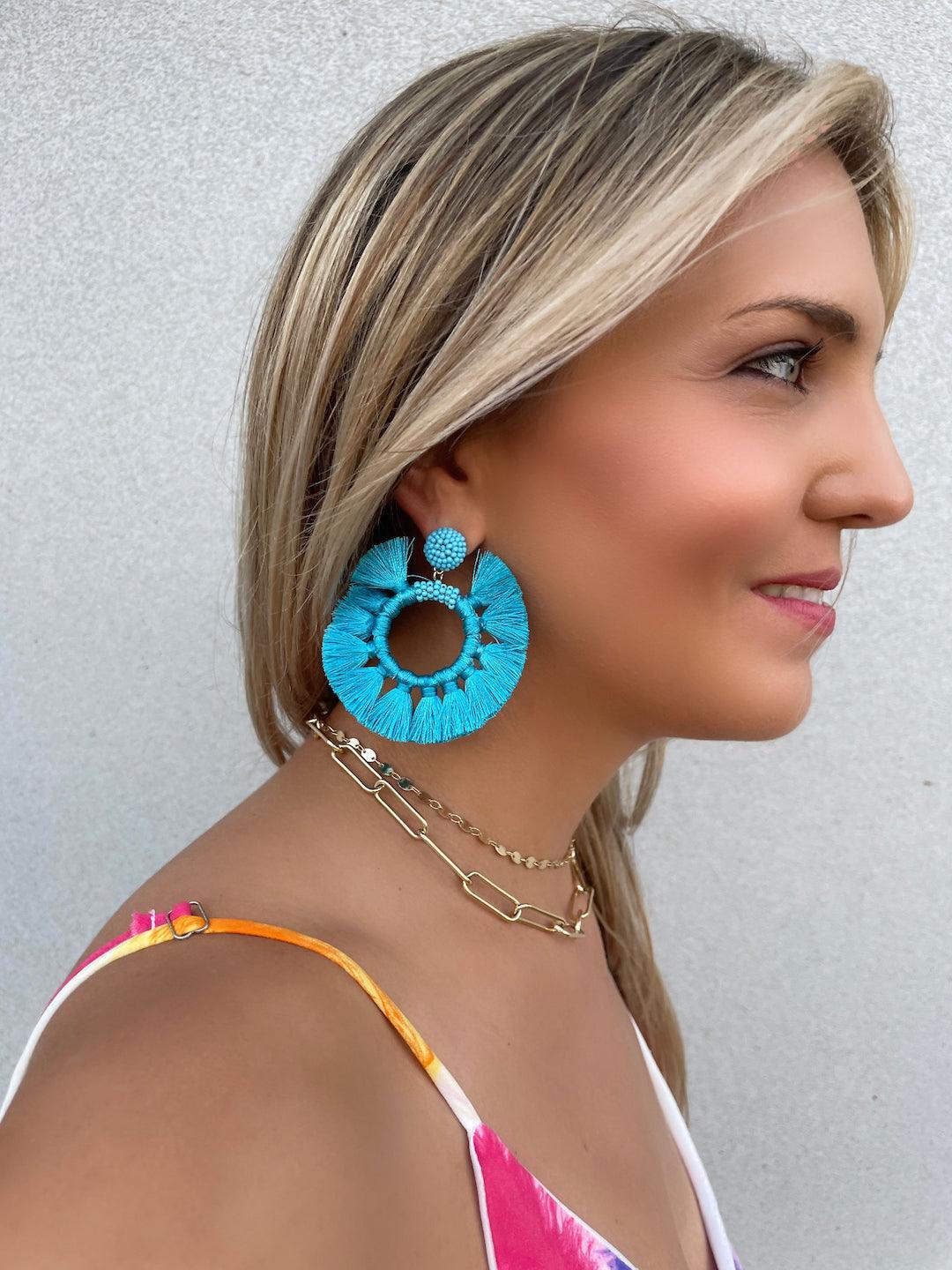 Blue Fringe Fan Tassel Earrings-Women's Accessories-Shop Z & Joxa