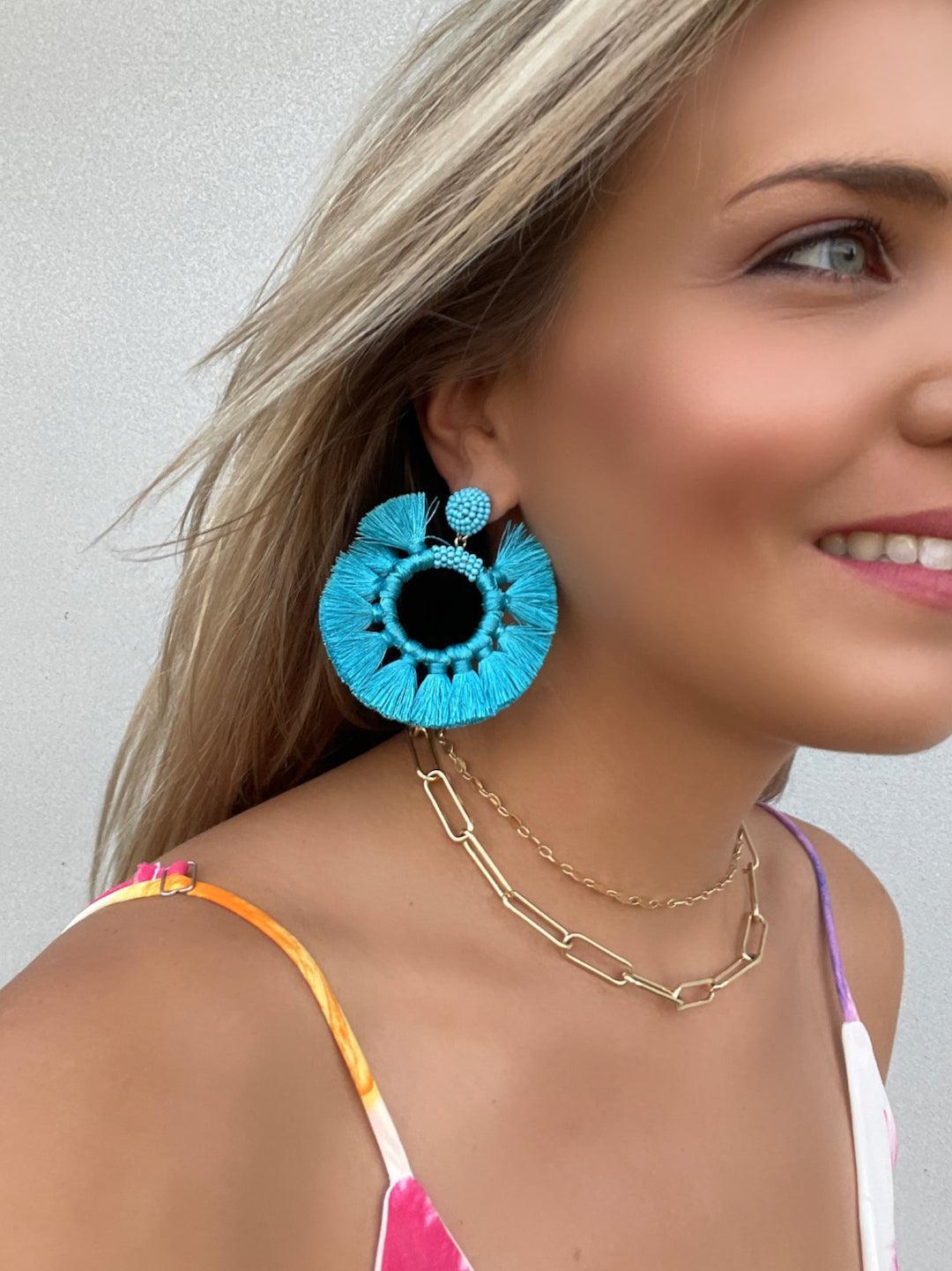 Blue Fringe Fan Tassel Earrings-Women's Accessories-Shop Z & Joxa