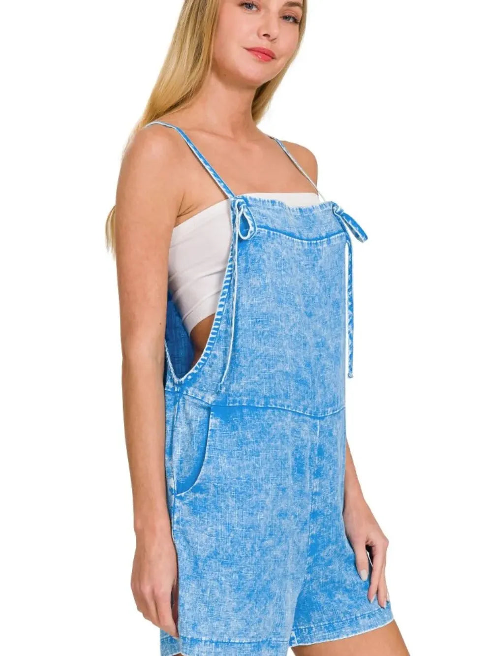 Blue Skies Ahead Vintage Wash Spaghetti Strap Romper-Women's Rompers-Shop Z & Joxa