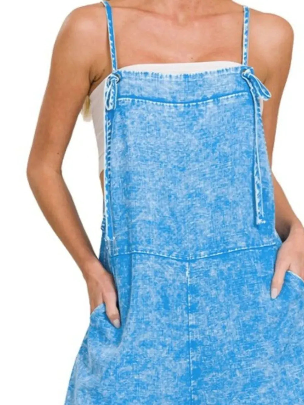Blue Skies Ahead Vintage Wash Spaghetti Strap Romper-Women's Rompers-Shop Z & Joxa