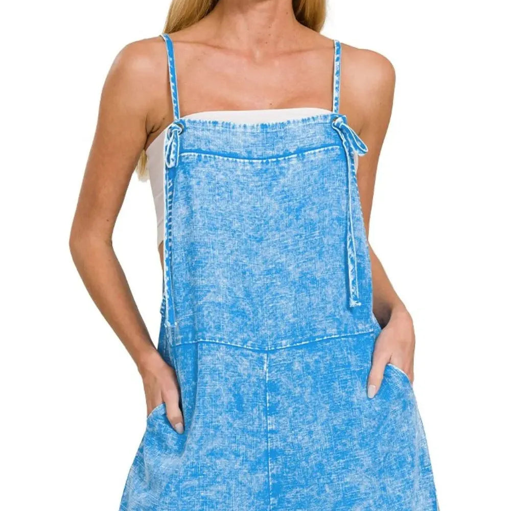 Blue Skies Ahead Vintage Wash Spaghetti Strap Romper-Women's Rompers-Shop Z & Joxa