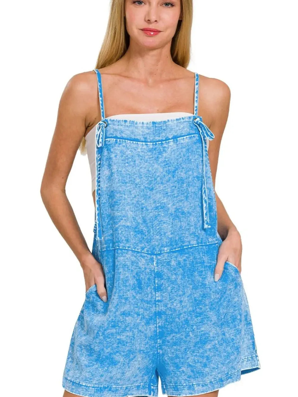 Blue Skies Ahead Vintage Wash Spaghetti Strap Romper-Women's Rompers-Shop Z & Joxa