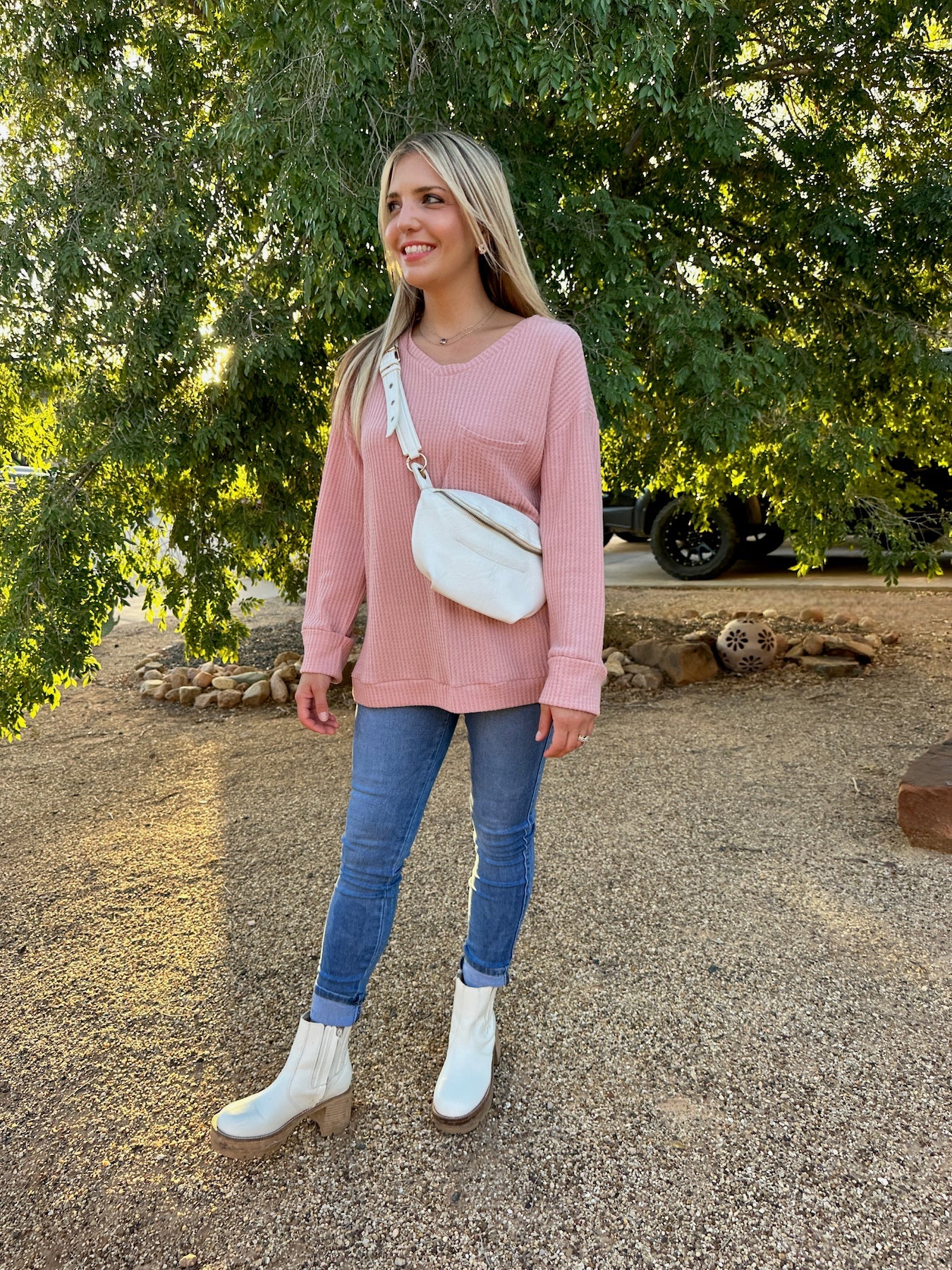 Blushing Beauty Single Pocket Waffle Knit Top in Blush-Women's Shirts & Tops-Shop Z & Joxa