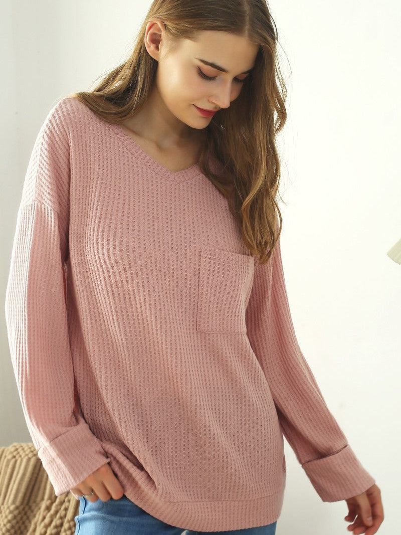 Blushing Beauty Single Pocket Waffle Knit Top in Blush-Women's Shirts & Tops-Shop Z & Joxa