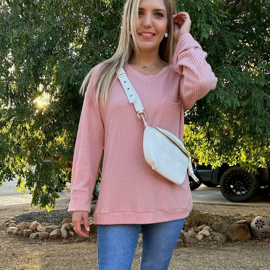 Blushing Beauty Single Pocket Waffle Knit Top in Blush-Women's Shirts & Tops-Shop Z & Joxa