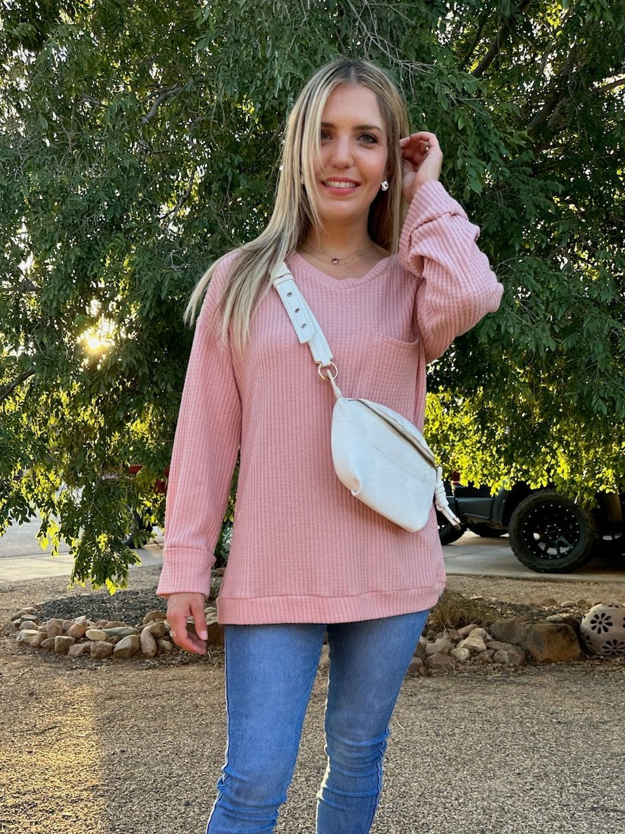 Blushing Beauty Single Pocket Waffle Knit Top in Blush-Women's Shirts & Tops-Shop Z & Joxa