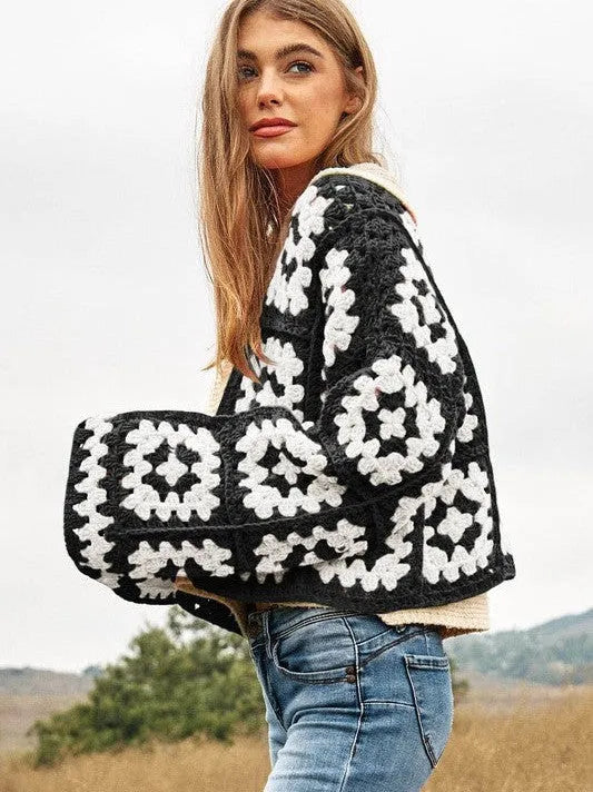 Bohemian Showcase Two-Tone Floral Square Crochet Cropped Open Cardigan-Women's Shirts & Tops-Shop Z & Joxa