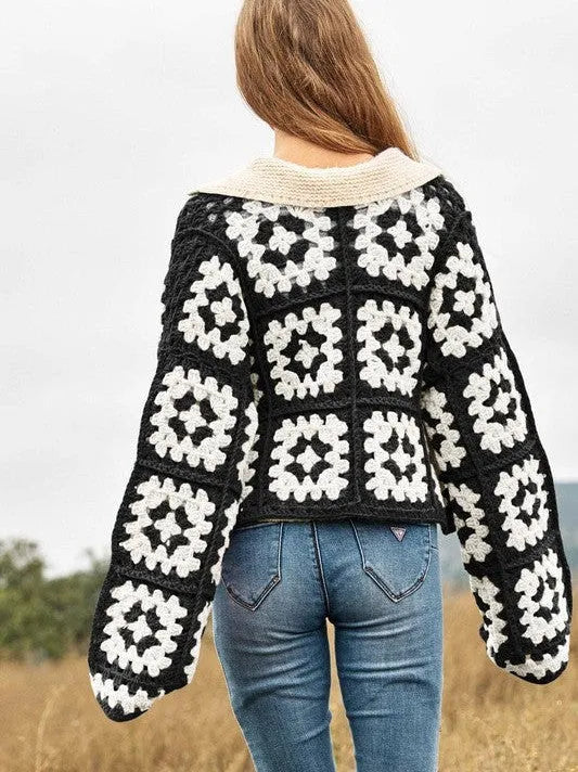 Bohemian Showcase Two-Tone Floral Square Crochet Cropped Open Cardigan-Women's Shirts & Tops-Shop Z & Joxa