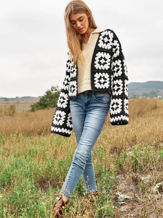 Bohemian Showcase Two-Tone Floral Square Crochet Cropped Open Cardigan-Women's Shirts & Tops-Shop Z & Joxa