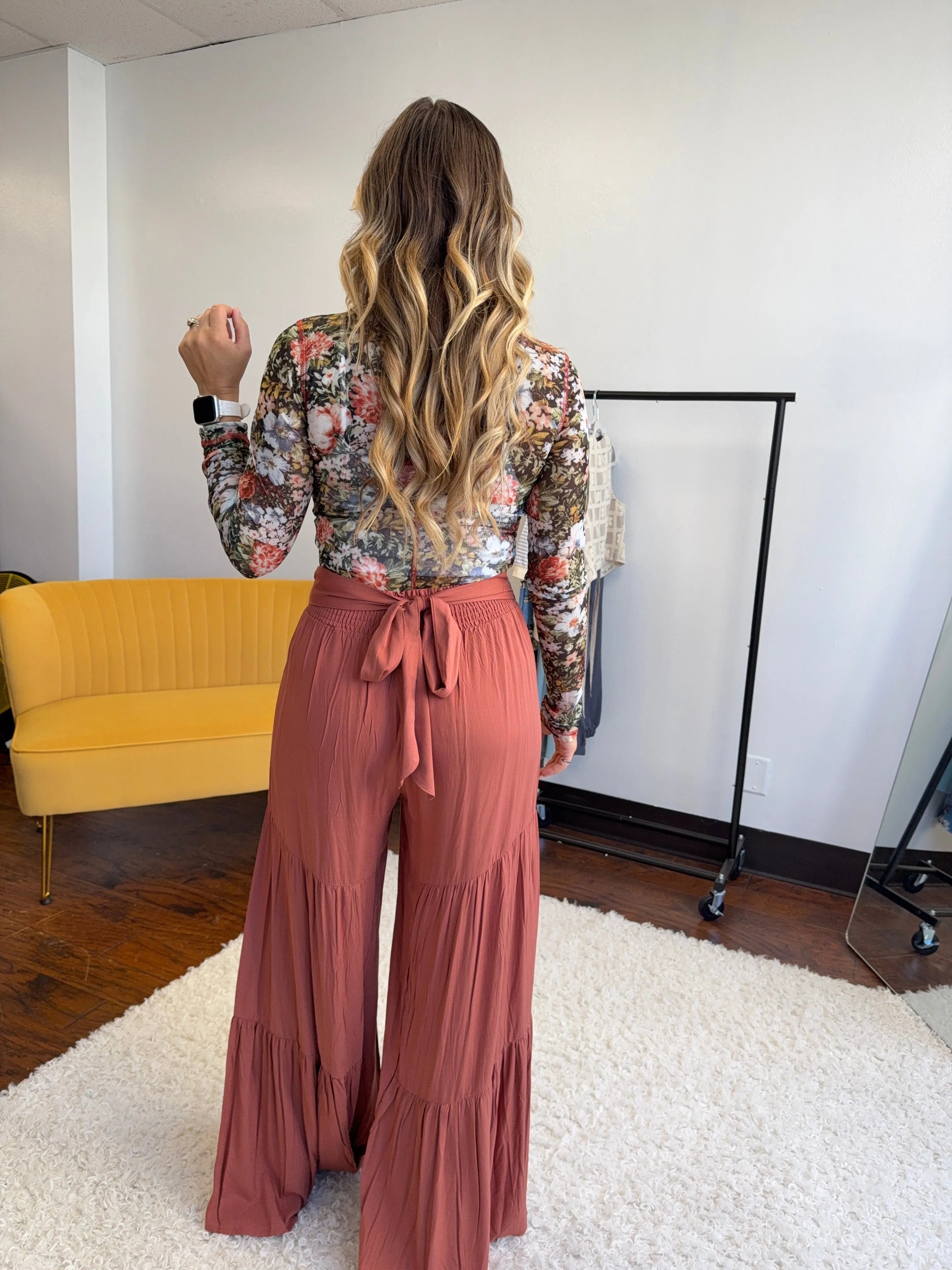 Boho Babe Tiered Wide Leg Tied Waist Pants | Terracotta-Women's Pants-Shop Z & Joxa