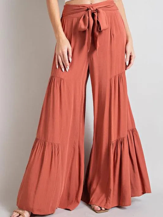 Boho Babe Tiered Wide Leg Tied Waist Pants | Terracotta-Women's Pants-Shop Z & Joxa