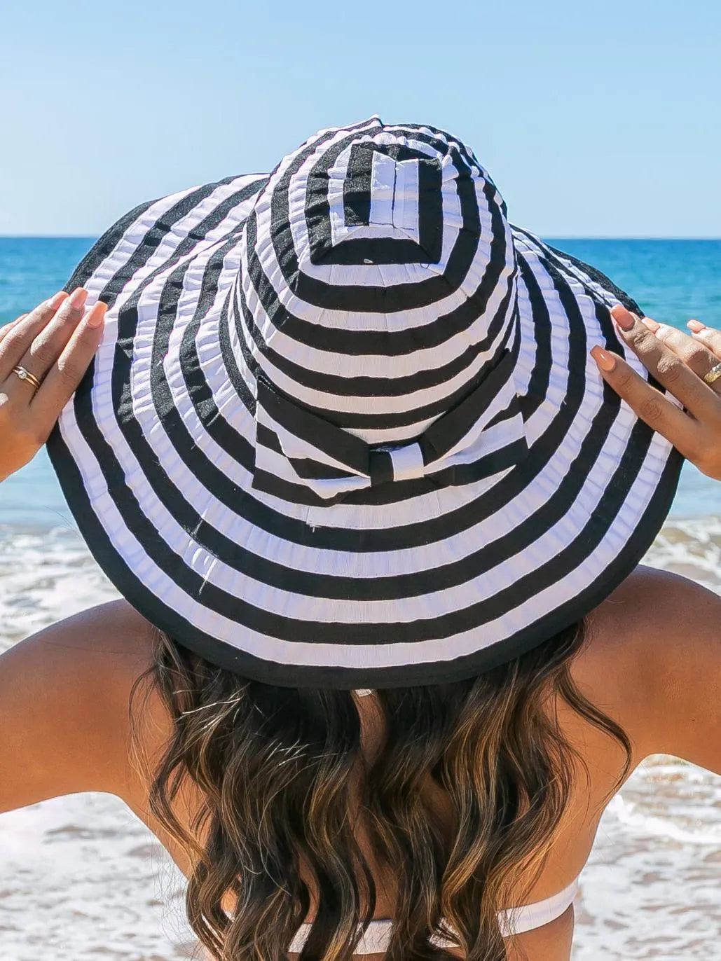 Bow Me Away Striped Bow Accent Sunhat-Women's Accessories-Shop Z & Joxa