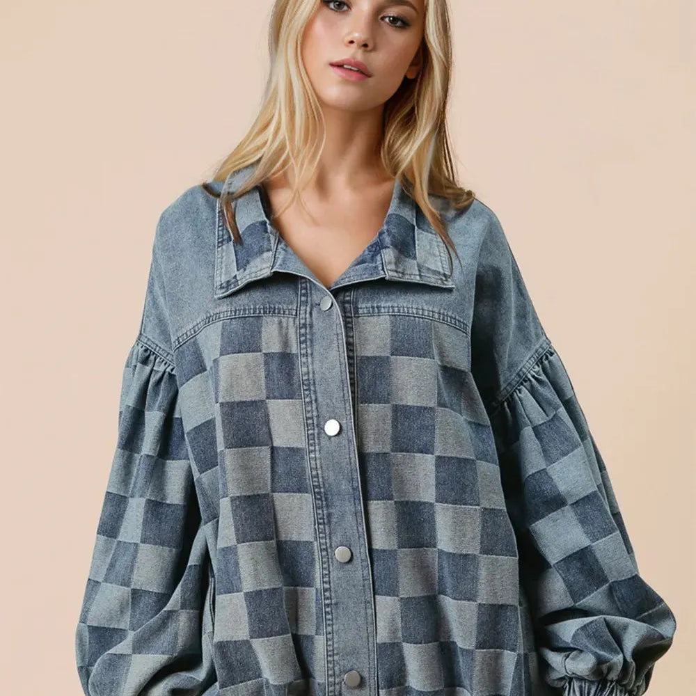 Caught You Looking Checkered Long Sleeve Oversized Denim Jacket-Coats & Jackets-Shop Z & Joxa