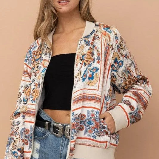 Champagne + Paisley Too Reversible Satin Bomber Jacket-Women's Outerwear-Shop Z & Joxa