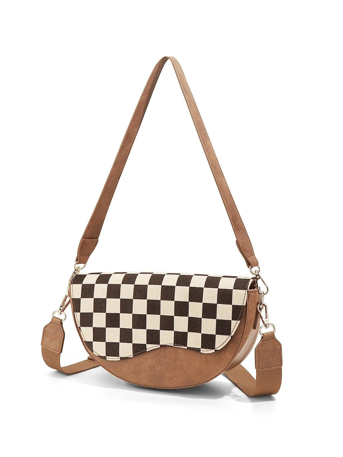 Checked & Chic Mixed Media Convertible Saddle Shoulder Crossbody Bag-Women's Accessories-Shop Z & Joxa