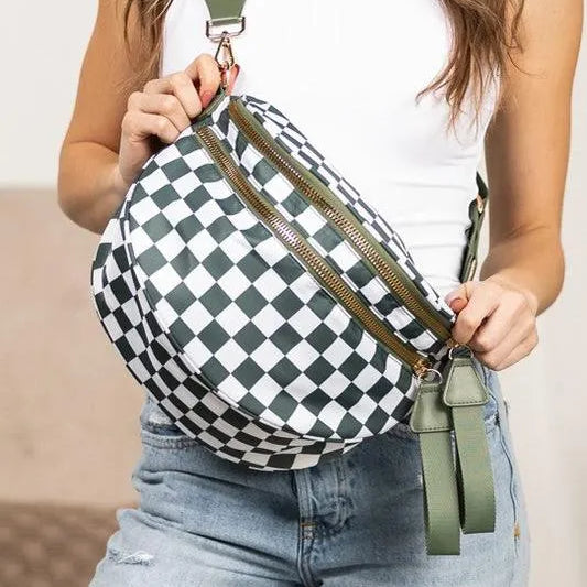 Checked In Oversize Double Zip Checkered Crescent Sling Bag-Women's Accessories-Shop Z & Joxa