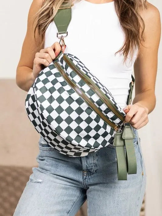 Checked In Oversize Double Zip Checkered Crescent Sling Bag-Women's Accessories-Shop Z & Joxa