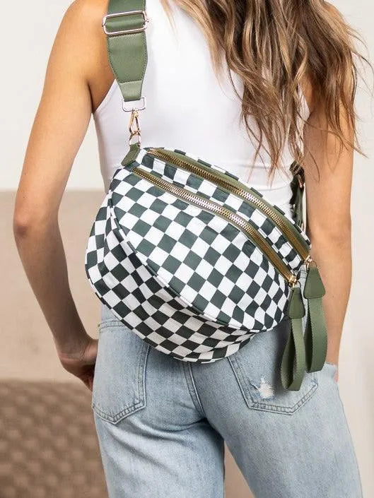 Checked In Oversize Double Zip Checkered Crescent Sling Bag-Women's Accessories-Shop Z & Joxa