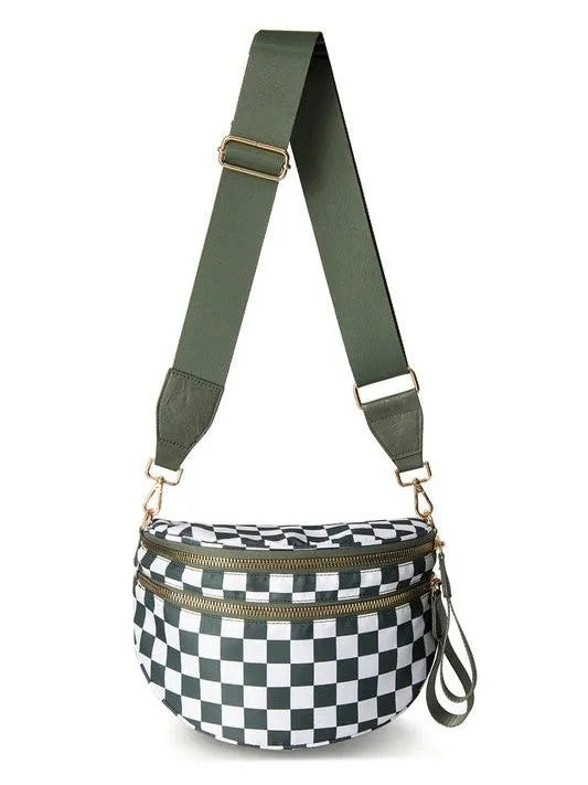Checked In Oversize Double Zip Checkered Crescent Sling Bag-Women's Accessories-Shop Z & Joxa