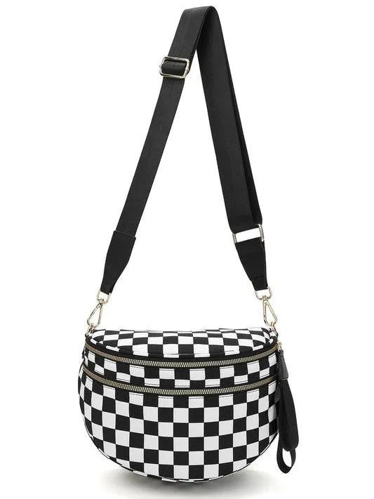 Checked In Oversize Double Zip Checkered Crescent Sling Bag-Women's Accessories-Shop Z & Joxa
