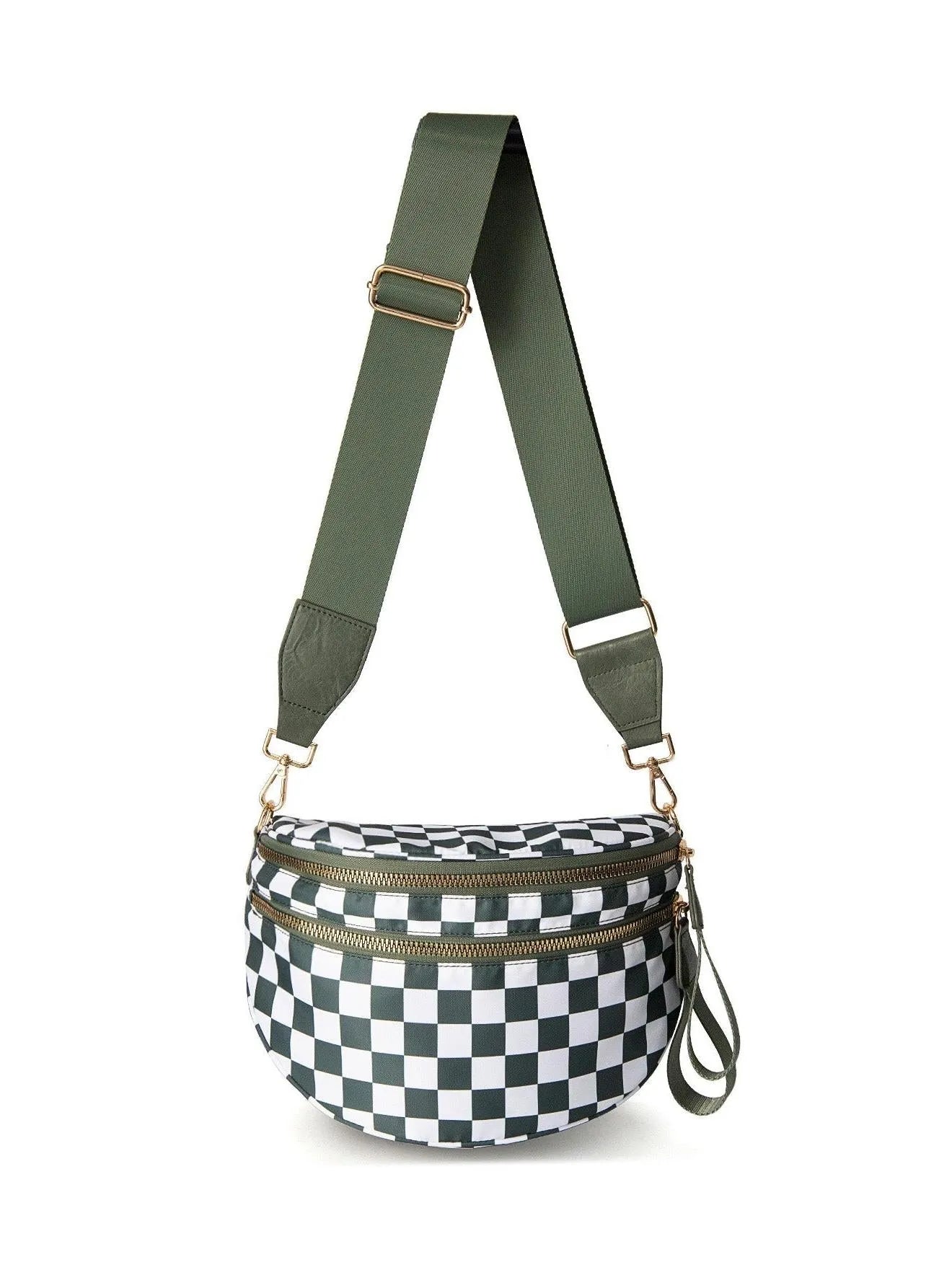 Checked In Oversize Double Zip Checkered Crescent Sling Bag-Women's Accessories-Shop Z & Joxa