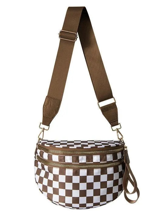 Checked In Oversize Double Zip Checkered Crescent Sling Bag-Women's Accessories-Shop Z & Joxa