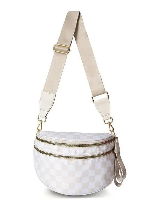 Checked In Oversize Double Zip Checkered Crescent Sling Bag-Women's Accessories-Shop Z & Joxa