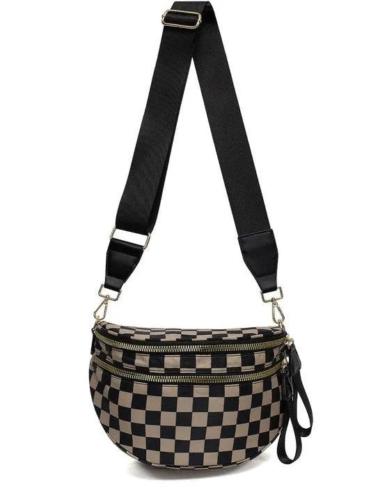 Checked In Oversize Double Zip Checkered Crescent Sling Bag-Women's Accessories-Shop Z & Joxa