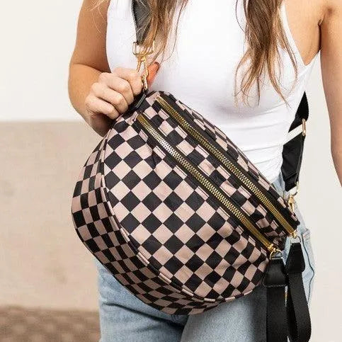 Checked In Oversize Double Zip Checkered Crescent Sling Bag-Women's Accessories-Shop Z & Joxa