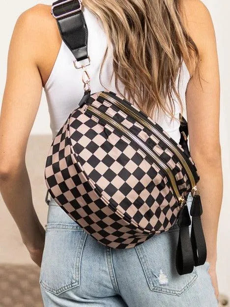 Checked In Oversize Double Zip Checkered Crescent Sling Bag-Women's Accessories-Shop Z & Joxa