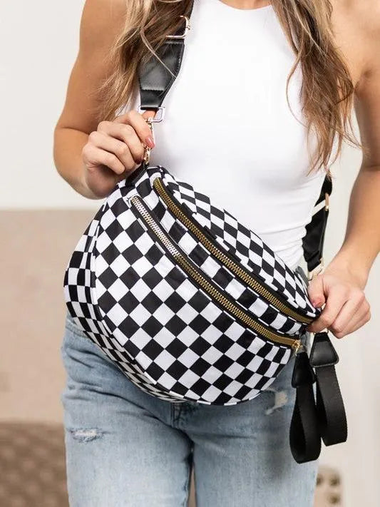 Checked In Oversize Double Zip Checkered Crescent Sling Bag-Women's Accessories-Shop Z & Joxa