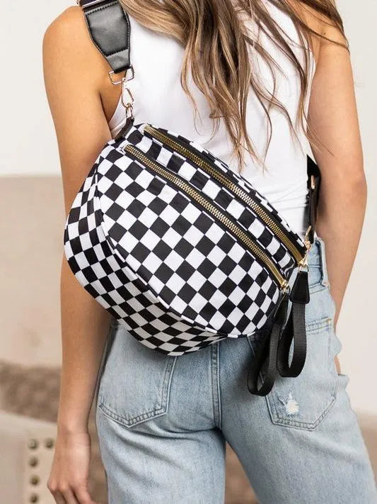 Checked In Oversize Double Zip Checkered Crescent Sling Bag-Women's Accessories-Shop Z & Joxa